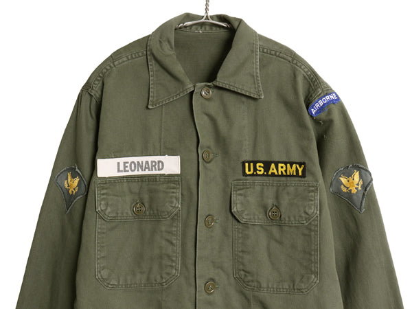 60s 米軍実物 US ARMY コットン サテン ユーティリティ シャツ L ヴィンテージ OG107 筒袖 3rd モデル ミリタリー 軍物 フルパッチ カーキ