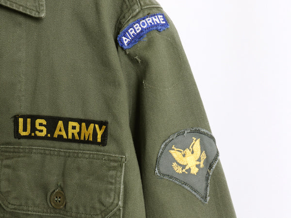 60s 米軍実物 US ARMY コットン サテン ユーティリティ シャツ L ヴィンテージ OG107 筒袖 3rd モデル ミリタリー 軍物 フルパッチ カーキ