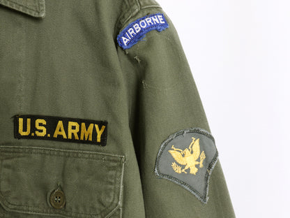 60s 米軍実物 US ARMY コットン サテン ユーティリティ シャツ L ヴィンテージ OG107 筒袖 3rd モデル ミリタリー 軍物 フルパッチ カーキ