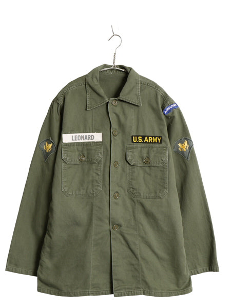 60s 米軍実物 US ARMY コットン サテン ユーティリティ シャツ L ヴィンテージ OG107 筒袖 3rd モデル ミリタリー 軍物 フルパッチ カーキ