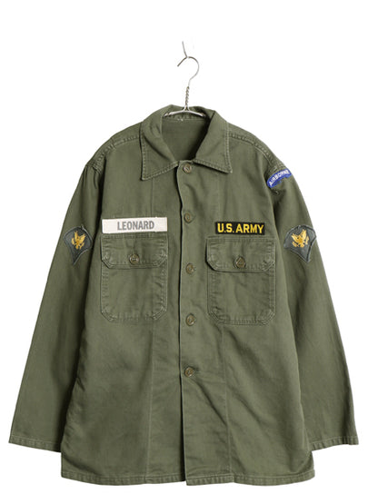 60s 米軍実物 US ARMY コットン サテン ユーティリティ シャツ L ヴィンテージ OG107 筒袖 3rd モデル ミリタリー 軍物 フルパッチ カーキ