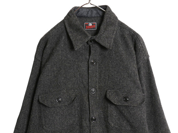 90s USA製 ジョンソン ツイード ウール CPO 長袖 シャツ メンズ XL 程/ オールド 本革レザー エルボーパッチ ジャケット 厚手 大きいサイズ