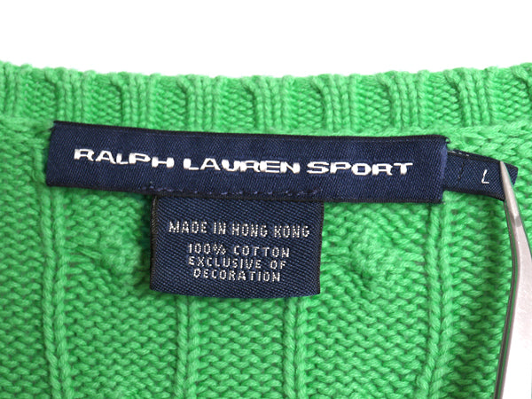 ラルフローレン コットン ケーブル ニット セーター レディース L ポロ スポーツ Vネック 長袖ニット ワンポイント ポニー ライト グリーン