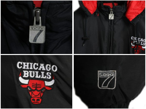 80s 90s ブルズ フード付き 中綿 ナイロン ジャケット メンズ L 古着 ヴィンテージ NBA オフィシャル スタジャン バスケ ロゴ7 ブルゾン 黒