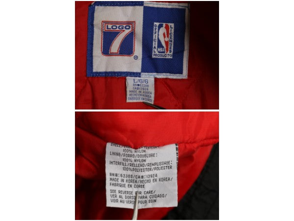 80s 90s ブルズ フード付き 中綿 ナイロン ジャケット メンズ L 古着 ヴィンテージ NBA オフィシャル スタジャン バスケ ロゴ7 ブルゾン 黒