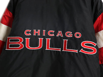 80s 90s ブルズ フード付き 中綿 ナイロン ジャケット メンズ L 古着 ヴィンテージ NBA オフィシャル スタジャン バスケ ロゴ7 ブルゾン 黒