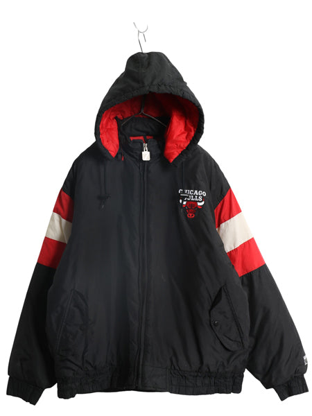 80s 90s ブルズ フード付き 中綿 ナイロン ジャケット メンズ L 古着 ヴィンテージ NBA オフィシャル スタジャン バスケ ロゴ7 ブルゾン 黒
