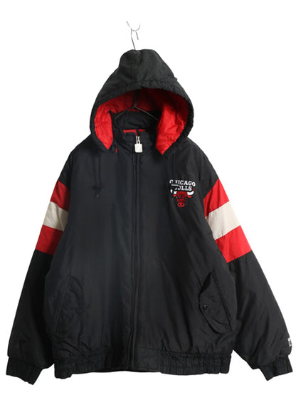 80s 90s ブルズ フード付き 中綿 ナイロン ジャケット メンズ L 古着 ヴィンテージ NBA オフィシャル スタジャン バスケ ロゴ7 ブルゾン 黒