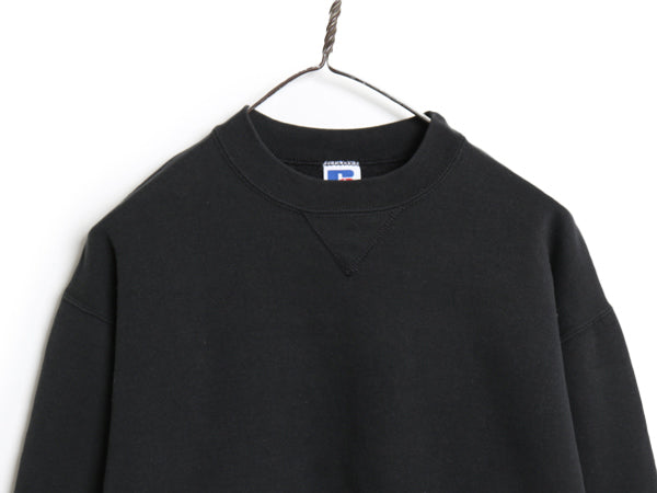 90s USA製 ラッセル 無地 スウェット キッズ XL メンズ レディース S 程 オールド トレーナー 前V 裏起毛 ワンポイント ブランク ブラック