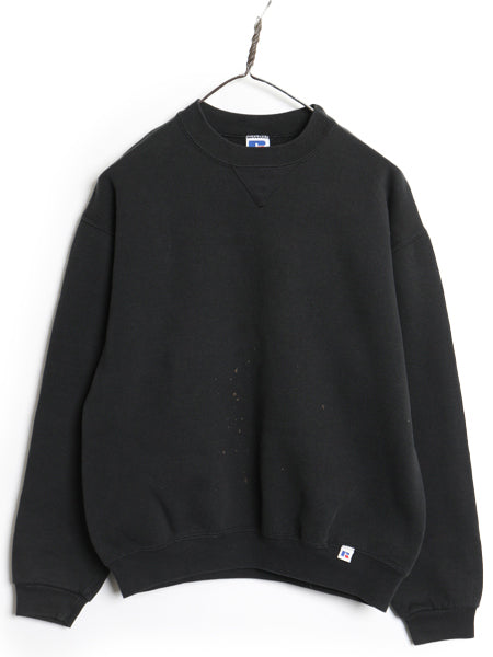 90s USA製 ラッセル 無地 スウェット キッズ XL メンズ レディース S 程 オールド トレーナー 前V 裏起毛 ワンポイント ブランク ブラック
