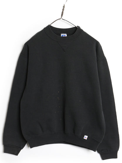 90s USA製 ラッセル 無地 スウェット キッズ XL メンズ レディース S 程 オールド トレーナー 前V 裏起毛 ワンポイント ブランク ブラック