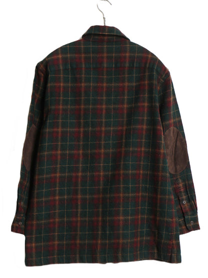 90s ローレン ラルフローレン チェック シャツ ジャケット レディース S オールド ポロ 厚手 ウール フルジップ 本革レザー エルボーパッチ