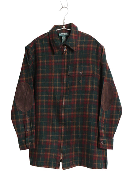 90s ローレン ラルフローレン チェック シャツ ジャケット レディース S オールド ポロ 厚手 ウール フルジップ 本革レザー エルボーパッチ