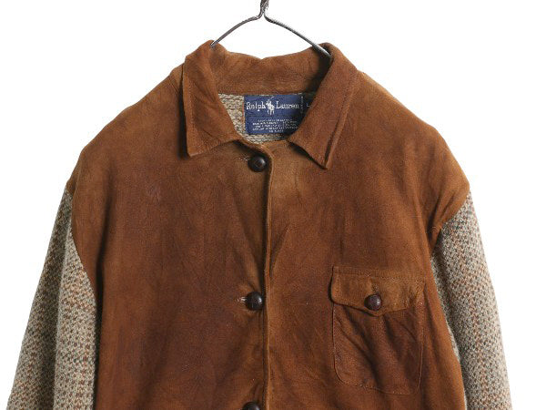 80s ラルフローレン 本革 レザー ニット ジャケット レディース L ポロ ヴィンテージ 鹿革 ディアスキン スウェード ハンティング セーター