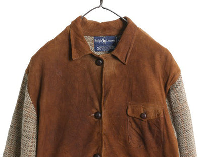 80s ラルフローレン 本革 レザー ニット ジャケット レディース L ポロ ヴィンテージ 鹿革 ディアスキン スウェード ハンティング セーター