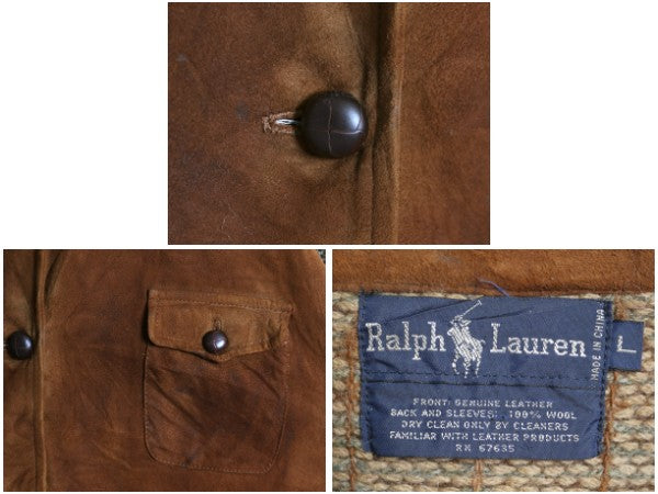 80s ラルフローレン 本革 レザー ニット ジャケット レディース L ポロ ヴィンテージ 鹿革 ディアスキン スウェード ハンティング セーター