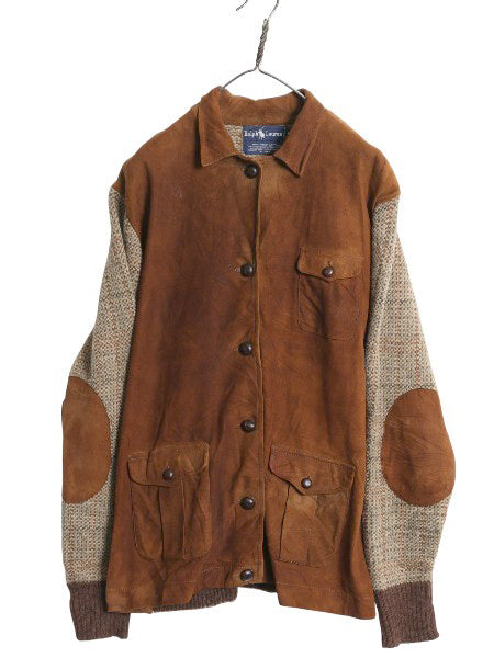 80s ラルフローレン 本革 レザー ニット ジャケット レディース L ポロ ヴィンテージ 鹿革 ディアスキン スウェード ハンティング セーター