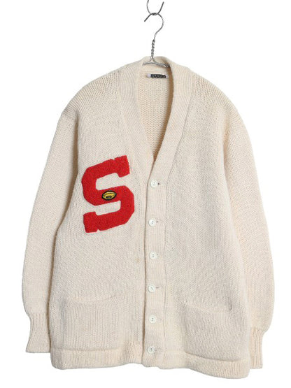 70s Lanza レタード ニット カーディガン メンズ M ヴィンテージ セーター アワード カレッジ サガラ ワッペン 前開き 重ね着 ポケット付き