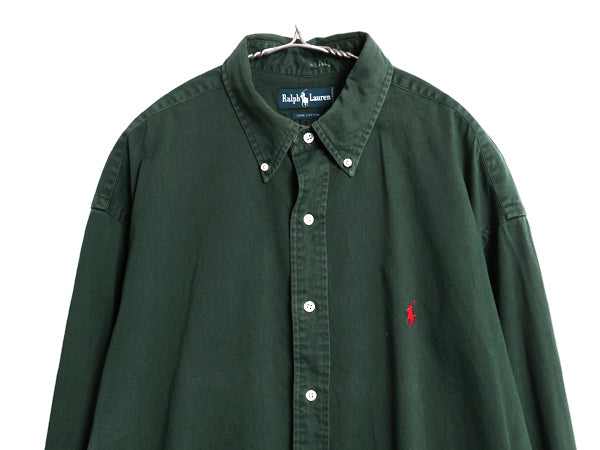 90s ラルフローレン 長袖 ボタンダウン シャツ メンズ XL オールド ポロ コットン チノ 長袖シャツ ワイシャツ カジュアル 大きいサイズ 緑