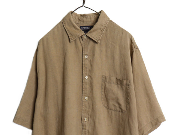 90s ランズエンド 半袖 シャツ メンズ XL オールド 100% リネン 高級 無地 麻 ボックス カジュアル シンプル ゆったり 大きいサイズ カーキ
