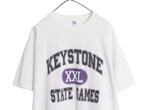 90s USA製 ラッセル 3段 プリント Tシャツ メンズ XXL / オールド カレッジ カプセル ヘビーウェイト コットン カットソー 大きいサイズ 白