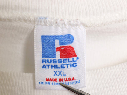 90s USA製 ラッセル 3段 プリント Tシャツ メンズ XXL / オールド カレッジ カプセル ヘビーウェイト コットン カットソー 大きいサイズ 白