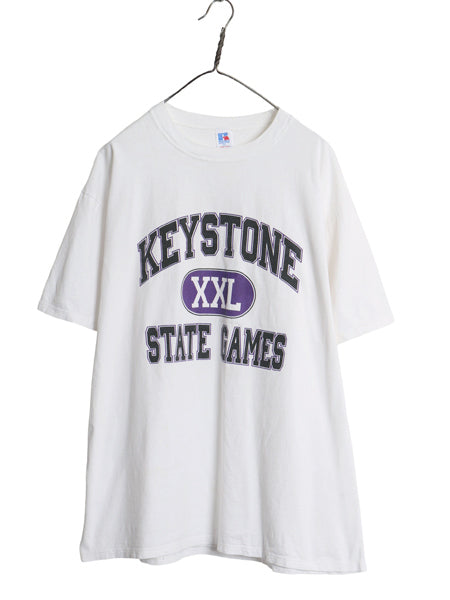 90s USA製 ラッセル 3段 プリント Tシャツ メンズ XXL / オールド カレッジ カプセル ヘビーウェイト コットン カットソー 大きいサイズ 白