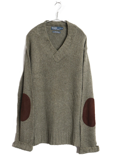 90s ポロ ラルフローレン Vネック ニット セーター メンズ XL オールド コットン アクリル ヘンプ エルボーパッチ 大きいサイズ オリーブ