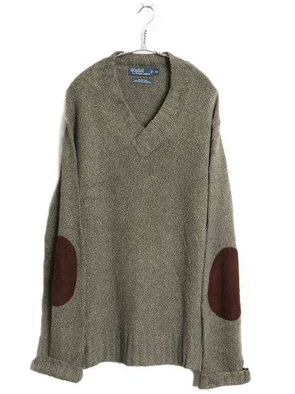 90s ポロ ラルフローレン Vネック ニット セーター メンズ XL オールド コットン アクリル ヘンプ エルボーパッチ 大きいサイズ オリーブ