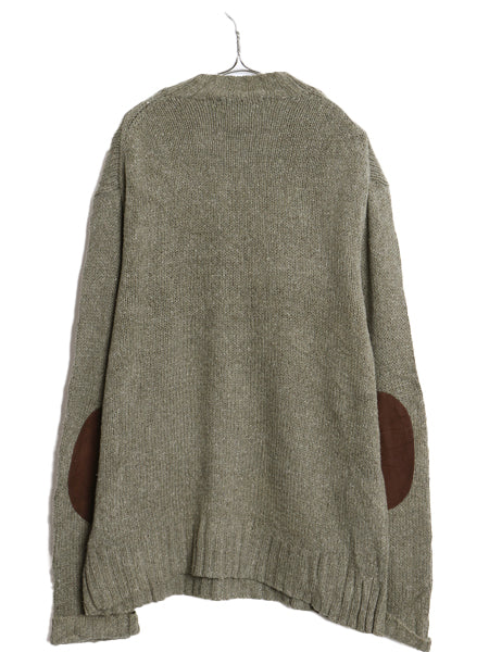 90s ポロ ラルフローレン Vネック ニット セーター メンズ XL オールド コットン アクリル ヘンプ エルボーパッチ 大きいサイズ オリーブ