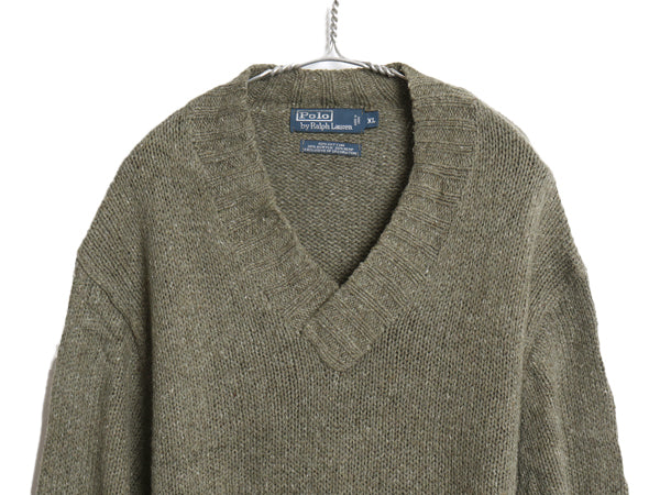 90s ポロ ラルフローレン Vネック ニット セーター メンズ XL オールド コットン アクリル ヘンプ エルボーパッチ 大きいサイズ オリーブ