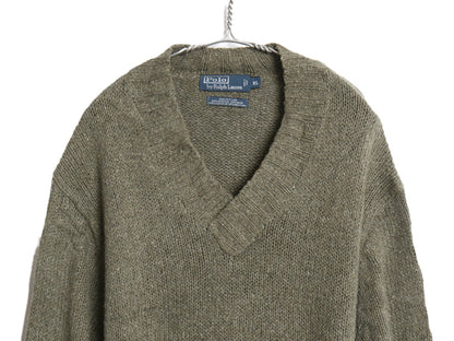90s ポロ ラルフローレン Vネック ニット セーター メンズ XL オールド コットン アクリル ヘンプ エルボーパッチ 大きいサイズ オリーブ