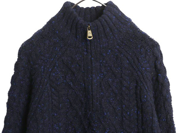 アイルランド製 ハーフジップ フィッシャーマン ウール ニット セーター メンズ M / アラン ケーブル プルオーバー ハイネック ネップ 紺