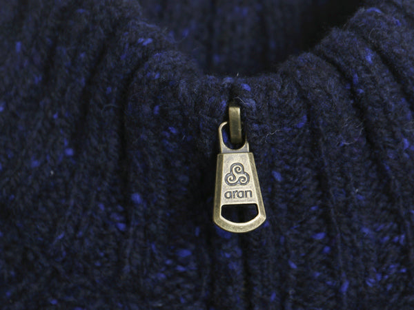 アイルランド製 ハーフジップ フィッシャーマン ウール ニット セーター メンズ M / アラン ケーブル プルオーバー ハイネック ネップ 紺