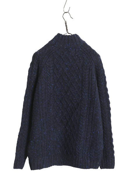 アイルランド製 ハーフジップ フィッシャーマン ウール ニット セーター メンズ M / アラン ケーブル プルオーバー ハイネック ネップ 紺