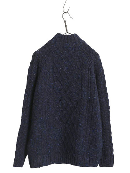 アイルランド製 ハーフジップ フィッシャーマン ウール ニット セーター メンズ M / アラン ケーブル プルオーバー ハイネック ネップ 紺