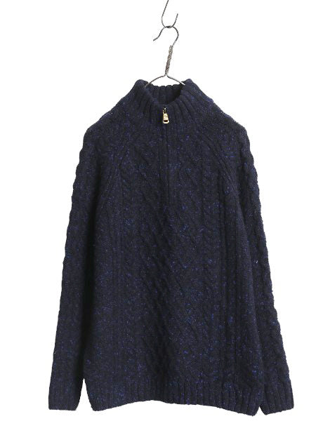 アイルランド製 ハーフジップ フィッシャーマン ウール ニット セーター メンズ M / アラン ケーブル プルオーバー ハイネック ネップ 紺