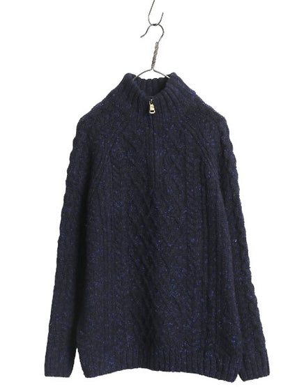 アイルランド製 ハーフジップ フィッシャーマン ウール ニット セーター メンズ M / アラン ケーブル プルオーバー ハイネック ネップ 紺