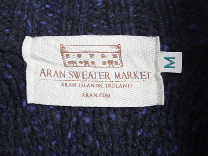 アイルランド製 ハーフジップ フィッシャーマン ウール ニット セーター メンズ M / アラン ケーブル プルオーバー ハイネック ネップ 紺