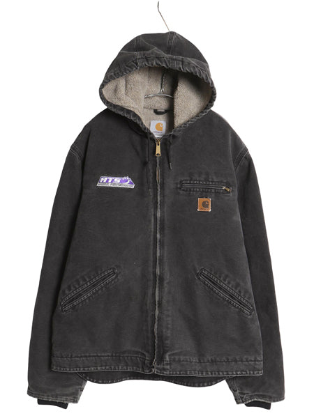 00s US企画 カーハート ダック シエラ ジャケット メンズ L オールド J141 ワーク フルジップ フード パーカー 裏 ボア パイル フリース 黒