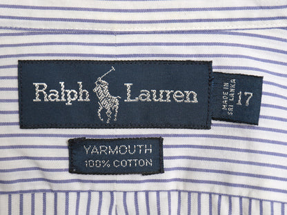 90s ラルフローレン ストライプ 半袖 ボタンダウン シャツ メンズ XL 程 オールド YARMOUTH ポロ ポニー ワンポイント 白 青 大きいサイズ