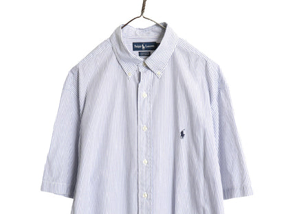 90s ラルフローレン ストライプ 半袖 ボタンダウン シャツ メンズ XL 程 オールド YARMOUTH ポロ ポニー ワンポイント 白 青 大きいサイズ