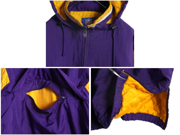 90s リーボック バイキングス 中綿 ナイロン パーカー ジャケット メンズ M 古着 NFL オフィシャル プルオーバー ハーフジップ スタジャン