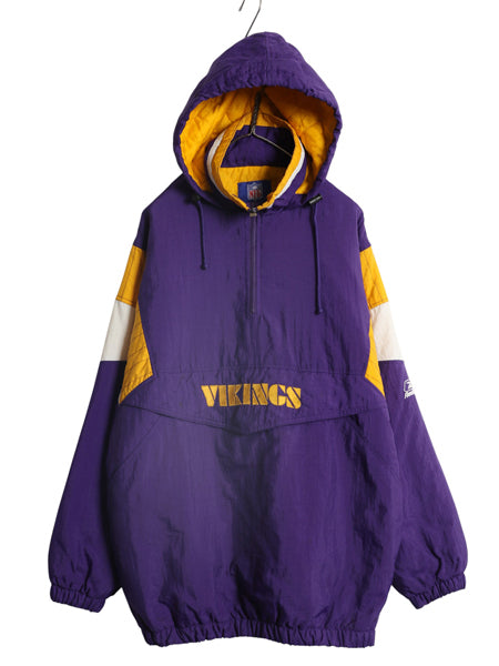 90s リーボック バイキングス 中綿 ナイロン パーカー ジャケット メンズ M 古着 NFL オフィシャル プルオーバー ハーフジップ スタジャン