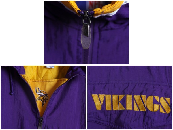 90s リーボック バイキングス 中綿 ナイロン パーカー ジャケット メンズ M 古着 NFL オフィシャル プルオーバー ハーフジップ スタジャン