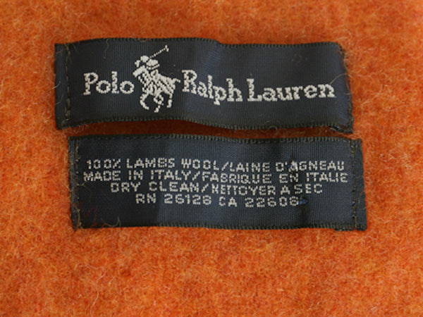 90s イタリア製 ポロ ラルフローレン フリンジ付き マフラー メンズ レディース / オールド ラム ウール ワンポイント オレンジ シンプル