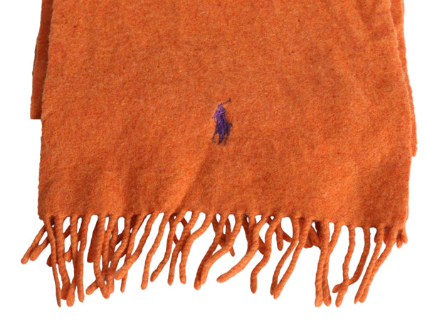 90s イタリア製 ポロ ラルフローレン フリンジ付き マフラー メンズ レディース / オールド ラム ウール ワンポイント オレンジ シンプル