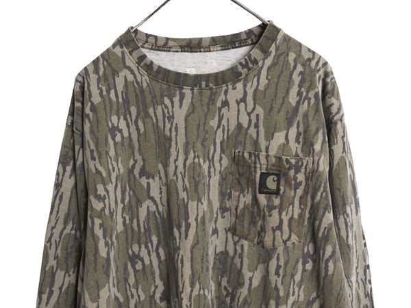 US企画 カーハート リアルツリー カモ ポケット付き 長袖 Tシャツ メンズ XL / ロンT ポケT 総柄 ハンティング 袖 プリント 大きいサイズ