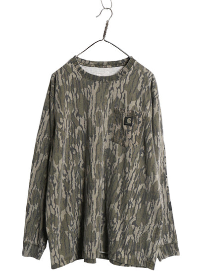 US企画 カーハート リアルツリー カモ ポケット付き 長袖 Tシャツ メンズ XL / ロンT ポケT 総柄 ハンティング 袖 プリント 大きいサイズ