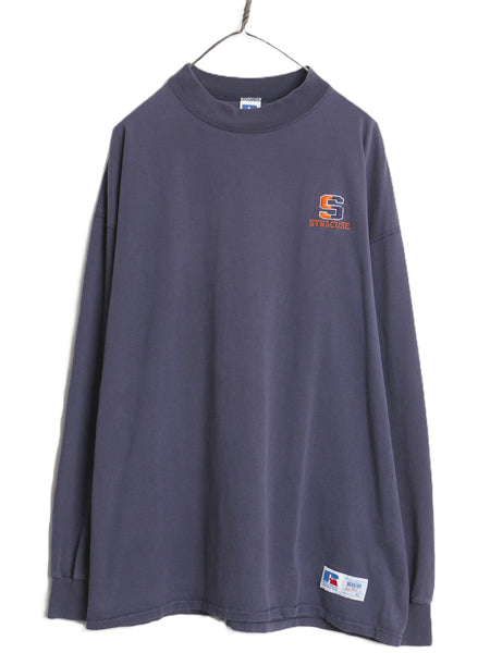 90s USA製 ラッセル モックネック カレッジ 刺繍 長袖 Tシャツ メンズ XL / 古着 オールド ロンT ヘビーウェイト コットン 大きいサイズ 紺